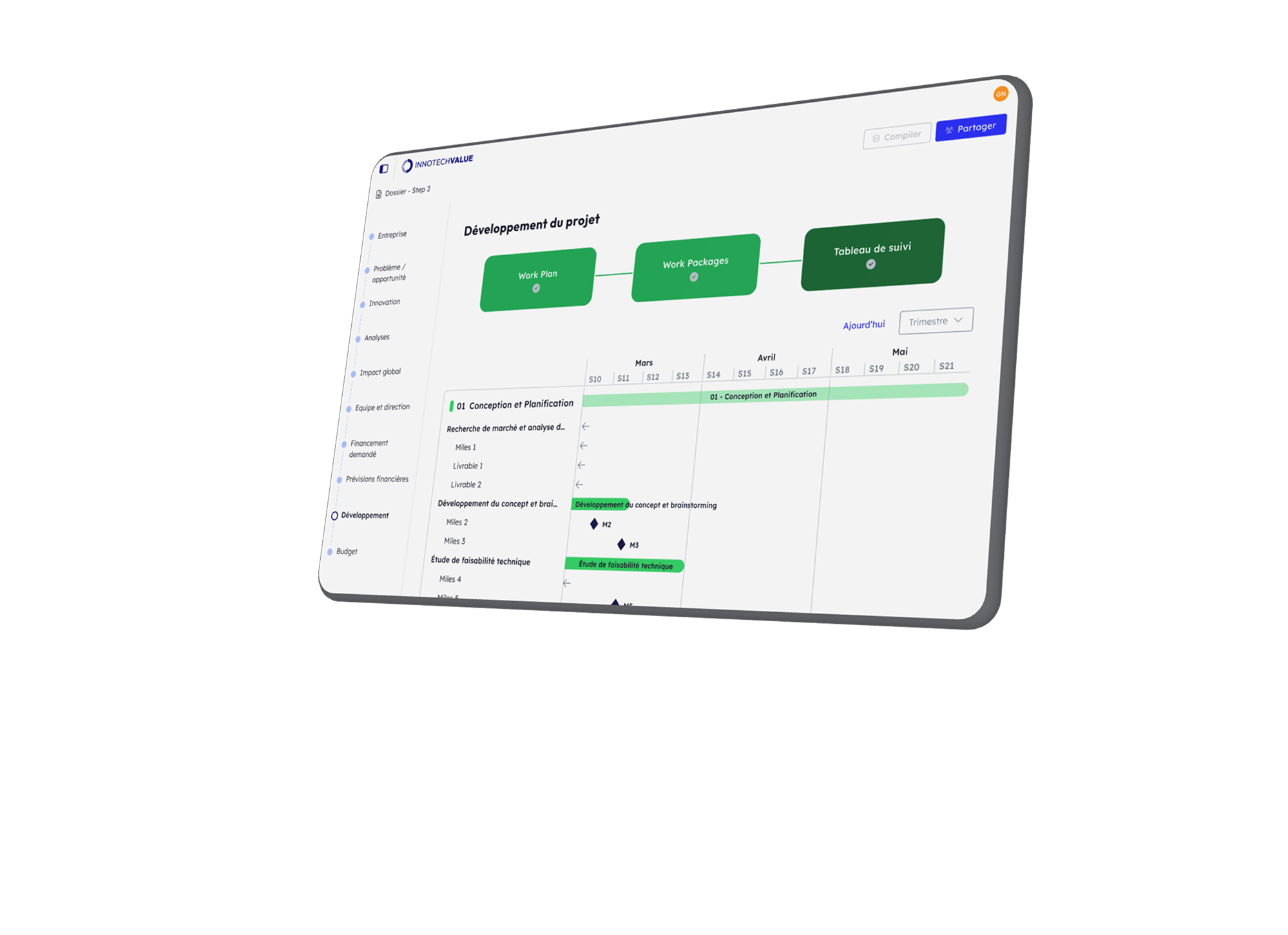visuel d'une tablette contenant un aperçu des work package sur une timeline