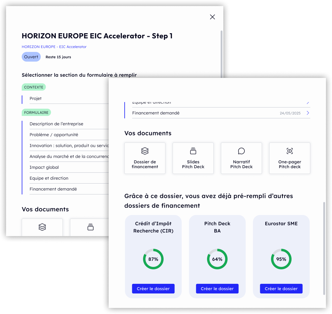 Ecrans représentant les taux de complétions d'autres dossiers à partir du premier dossier renseigné
